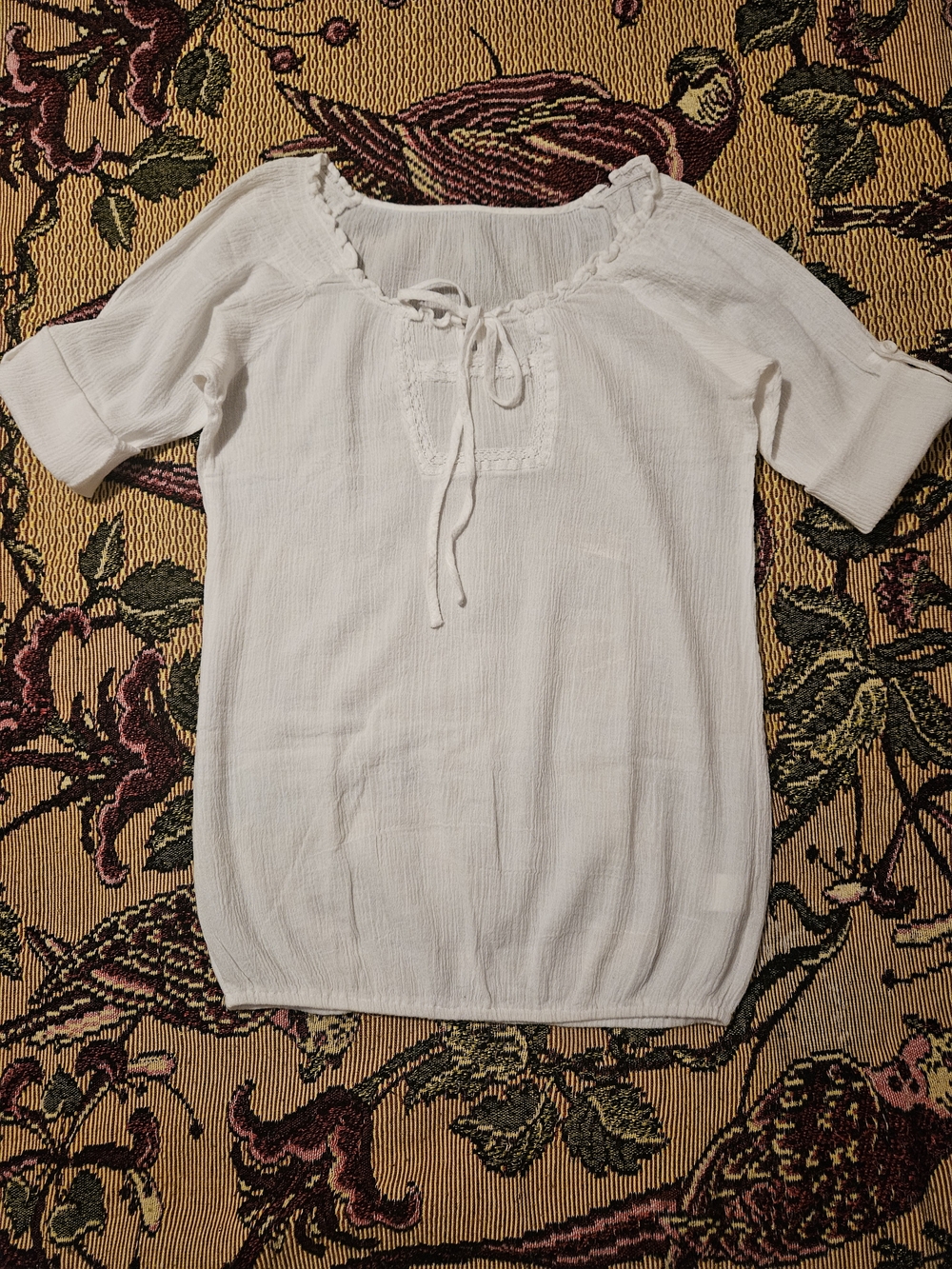 Women's White Tie-Neck Short Sleeve Tunic Top